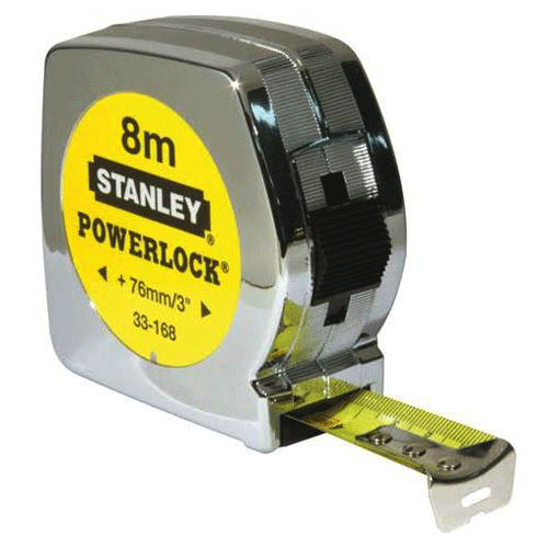 "TAPE   8MX25MM STEEL STANLEY POWERLOCK - MANUAL LOCK - PLASTIC CHROME CASING"