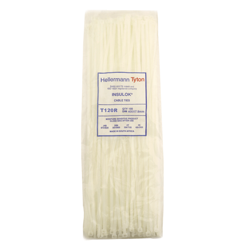 "CABLE TIES 400X7.8MM WHITE H\/D - HELLERMAN SOLD PACK OF 50"