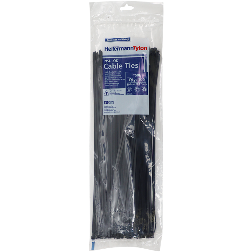 "CABLE TIES 392X4.7MM BLACK - HELLERMAN SOLD PACK OF 100"