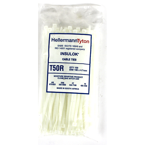 "CABLE TIES 198X4.7MM WHITE - HELLERMAN SOLD PACK OF 100"