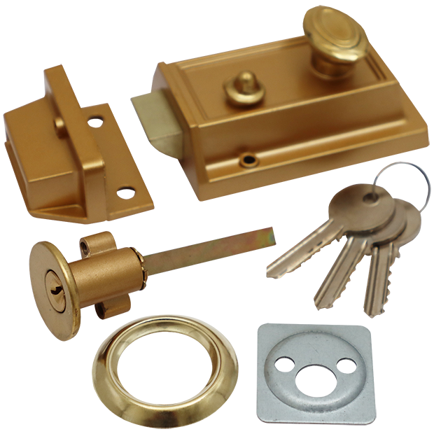 "LOCK NIGHT LATCH BRASS TMS - BRASS BOLT (RIM CYLINDER & 3 KEYS)"