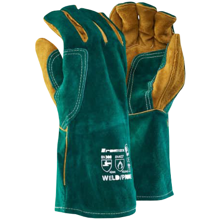 "GLOVE WELD LEATH PRIME\/PREMIUM ELBOW - GREEN\/TAN, REINFORCED THUMB, HIGH HEAT"