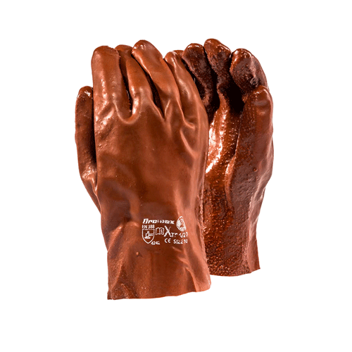 GLOVE PVC BROWN WRIST ROUGH CUFF - 27CM, OPEN CUFF, FULLY COATED