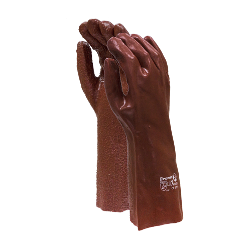 "GLOVE PVC BROWN ELBOW ROUGH - 35CM, OPEN CUFF, FULLY COATED HD PVC"