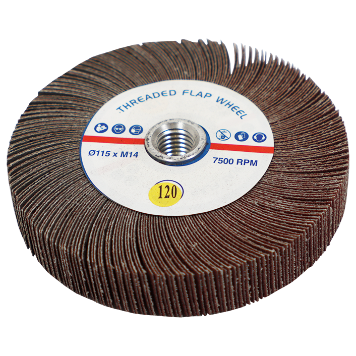 FLAP WHEEL THREADED 115 X 20MM 120G M14 THREADED HOLE (120 GRIT