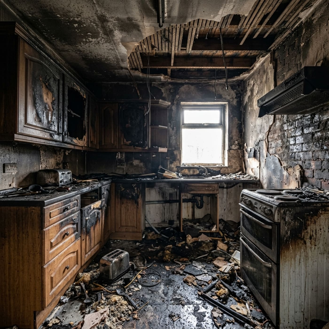 Kitchen after fire and smoke damage