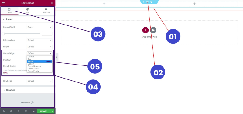 Create two-column layout and set the vertical align to Middle to align the content in middle