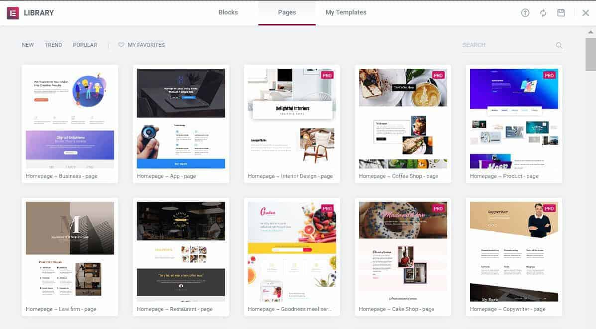 Elementor built-in Templates available for free and Pro users
