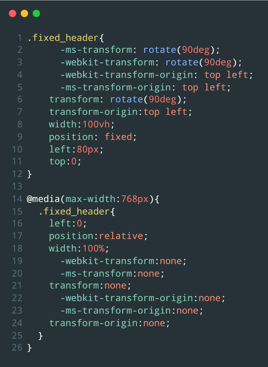 Adding CSS transform property to rotate the section vertically