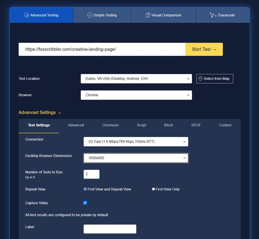 WebPageTest environment while testing