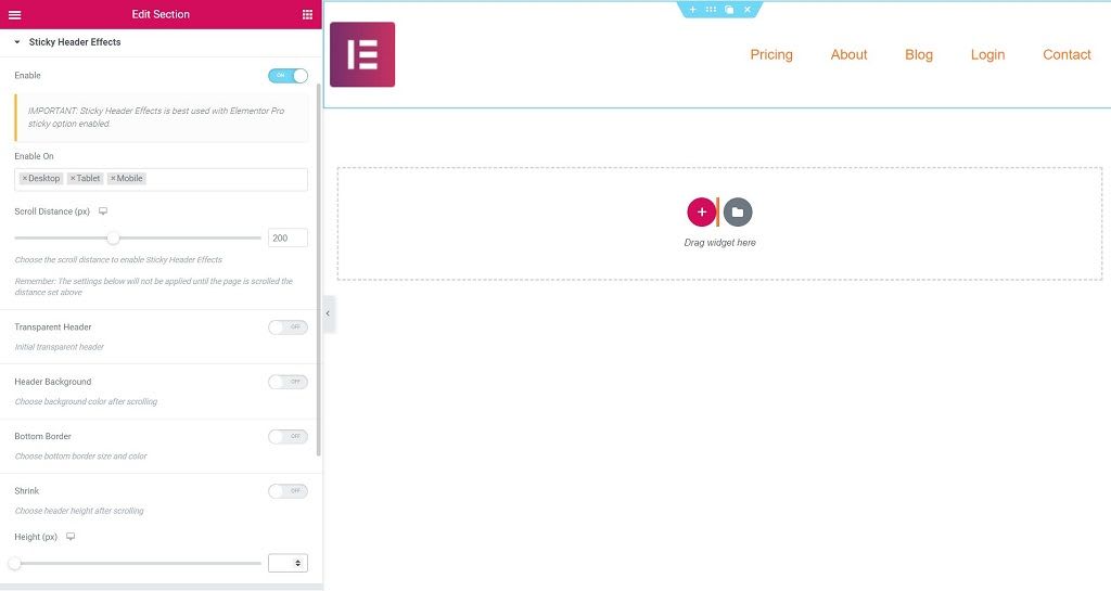 Sticky header effects for Elementor settings