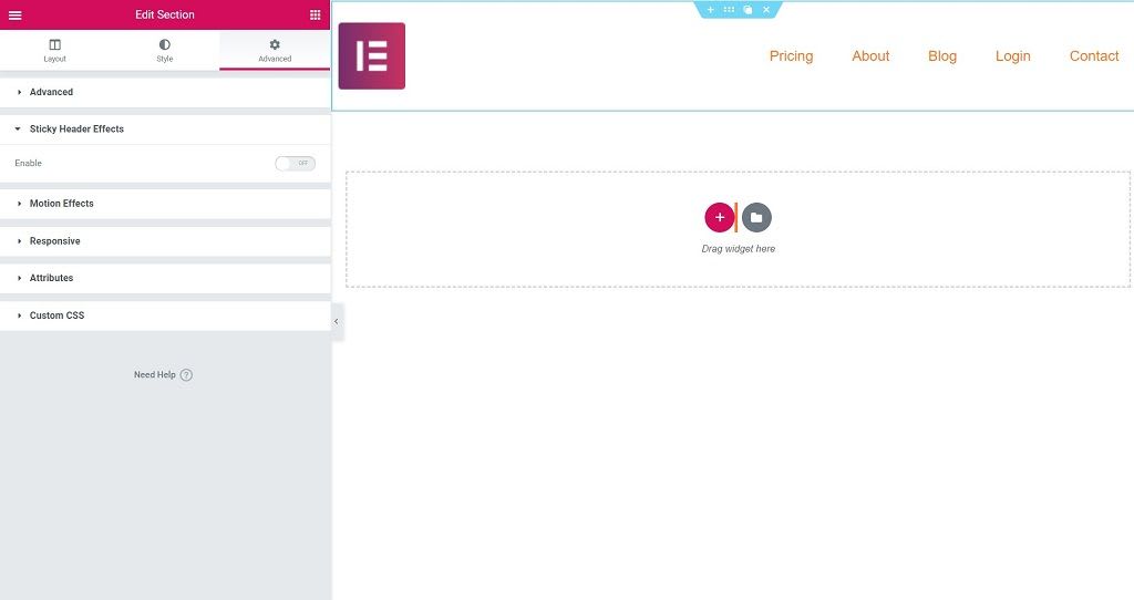 Sticky Header effects for Elementor options to enable sticky header