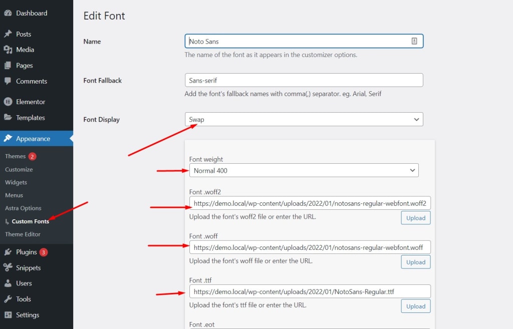 Custom Fonts under Astra Options