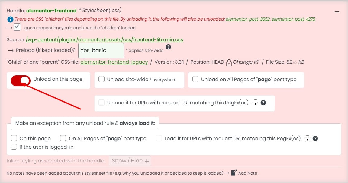 Unload on this page toggle