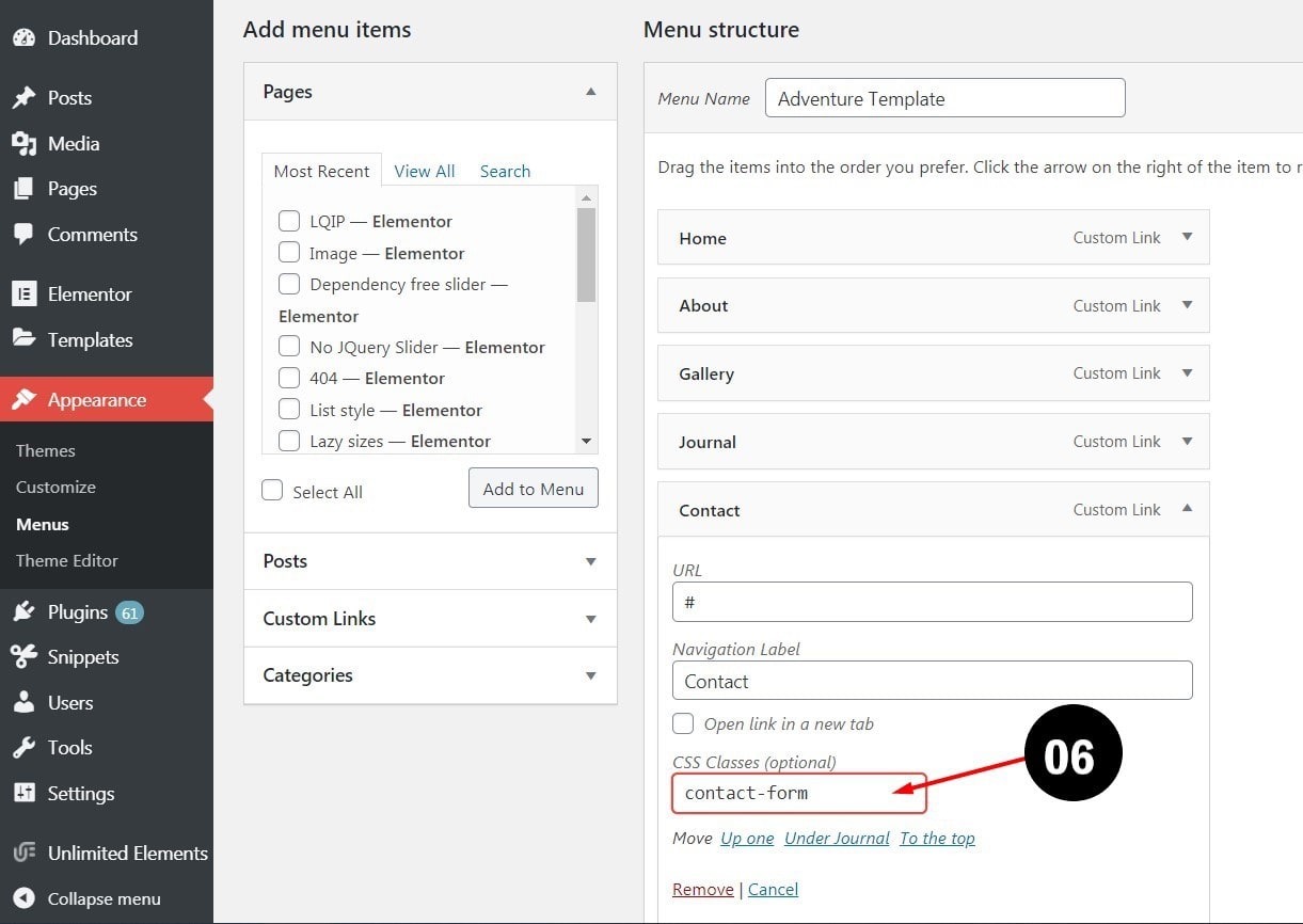 The picture shows how to add CSS class to the navigation items