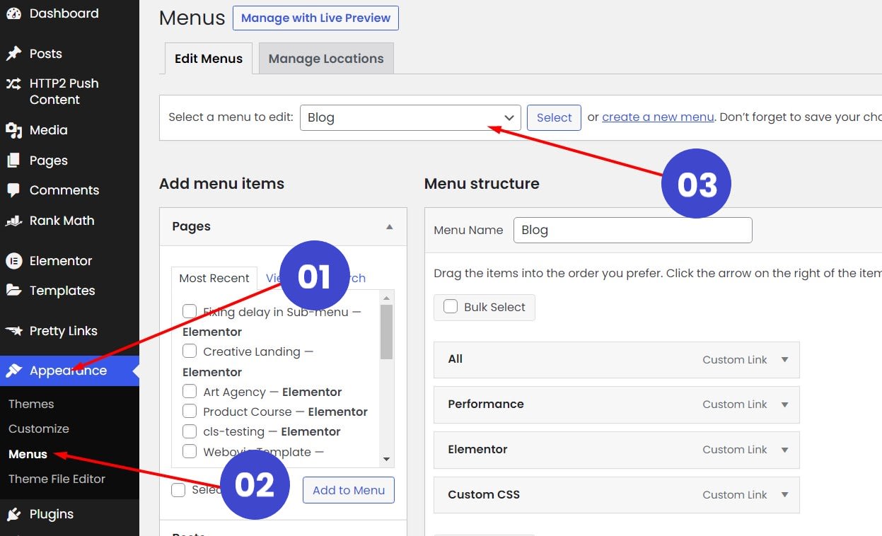 Picture shows how to access theme Menu by going to Appearance then Menus