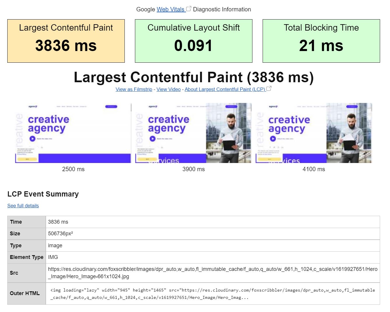 Webpagetest Largest Contentful paint Event with loading="eager" attribute