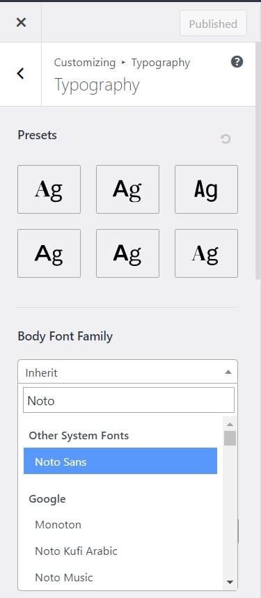Noto Font under theme Customizer global settings