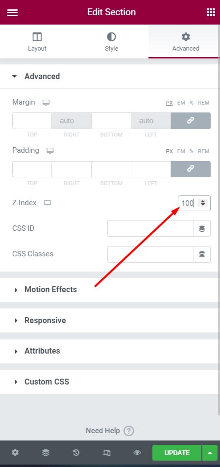 Set the section Z-index to 100 or more