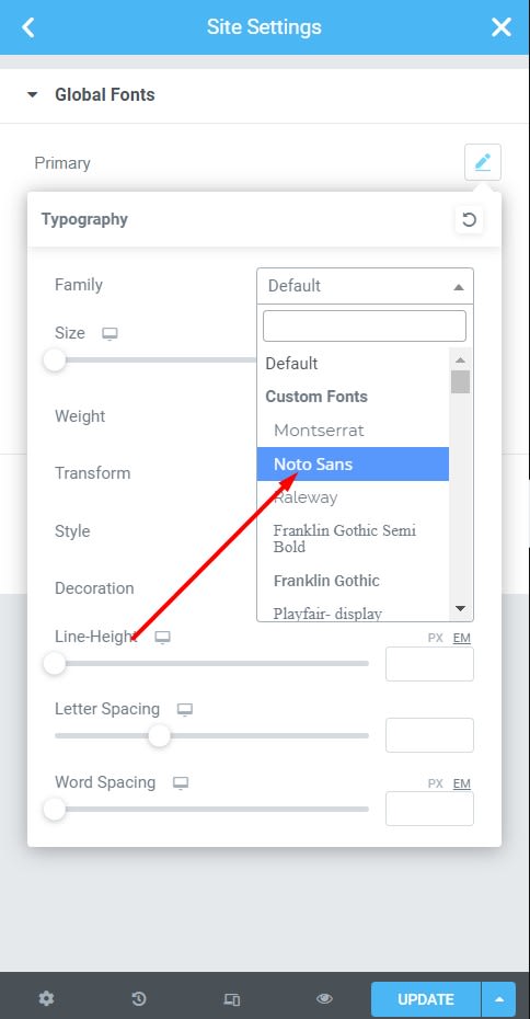 Set primary, secondary and other Global fonts to Noto Sans