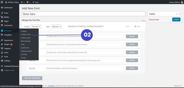 Click the Elementor custom fonts option