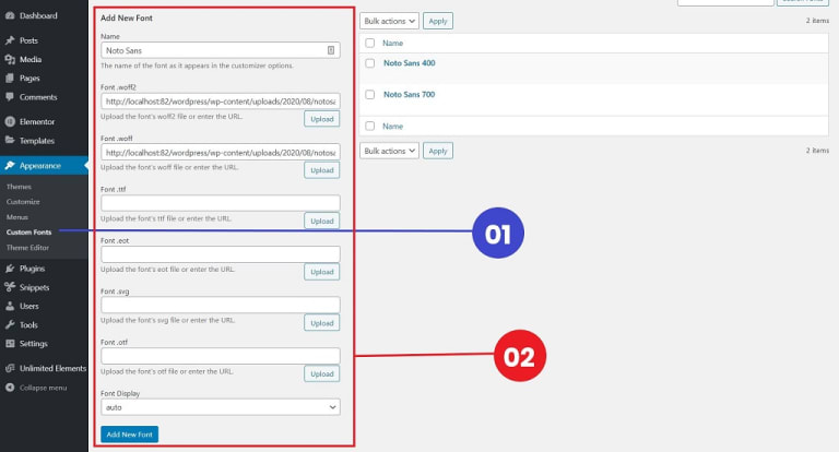 WP Astra Custom Fonts - Settings