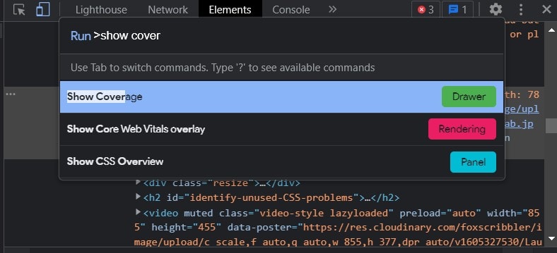 Picture showing how to use Chrome Developer Tools show coverage report