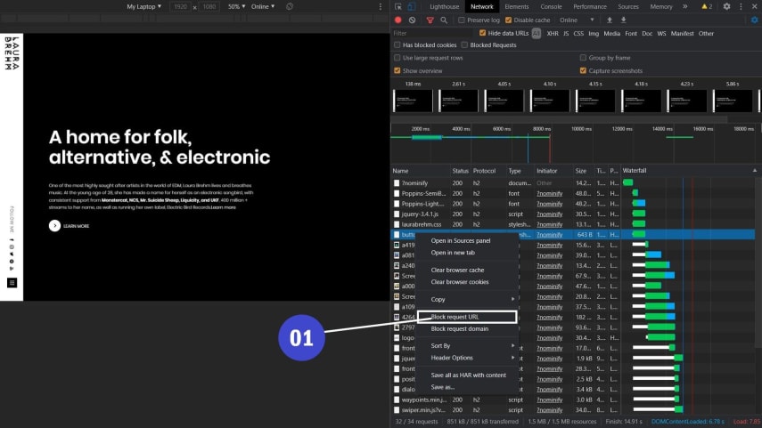 Using Chrome Developer request blocking feature to block the assets from loading