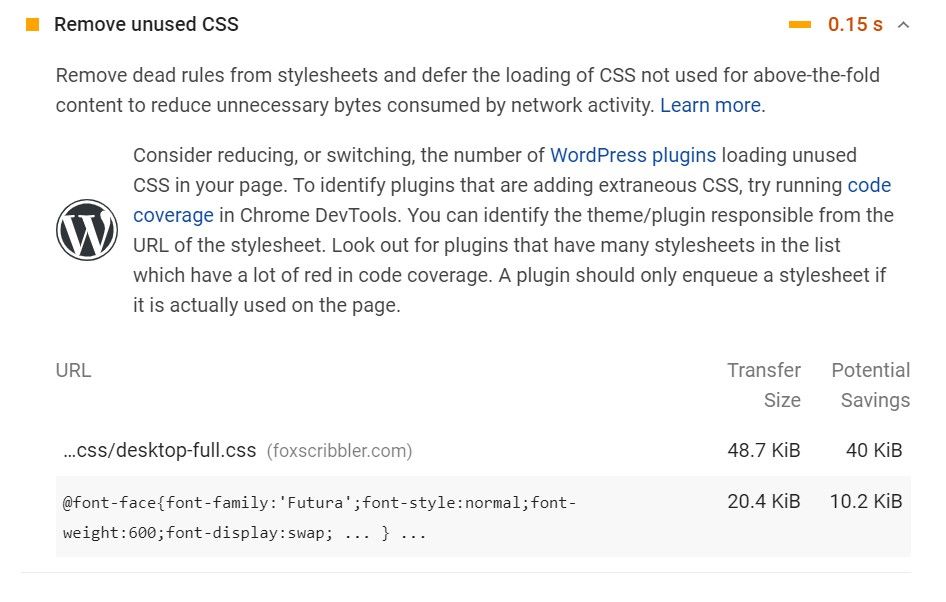 Picture showing after removing unused CSS Problem with Asset clean up and saw 20% reduction in page weight