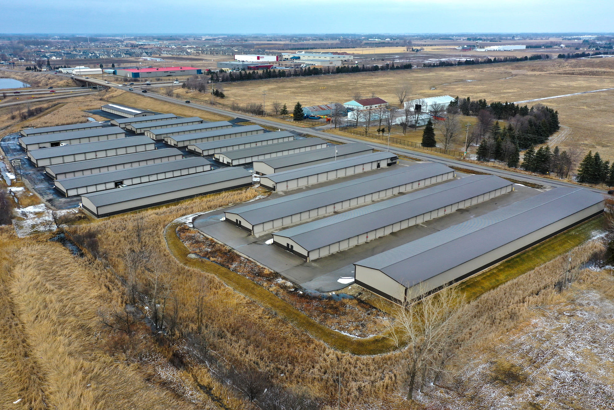 Drone view of Mr. Q's Shops and Storage and their five storage buildings