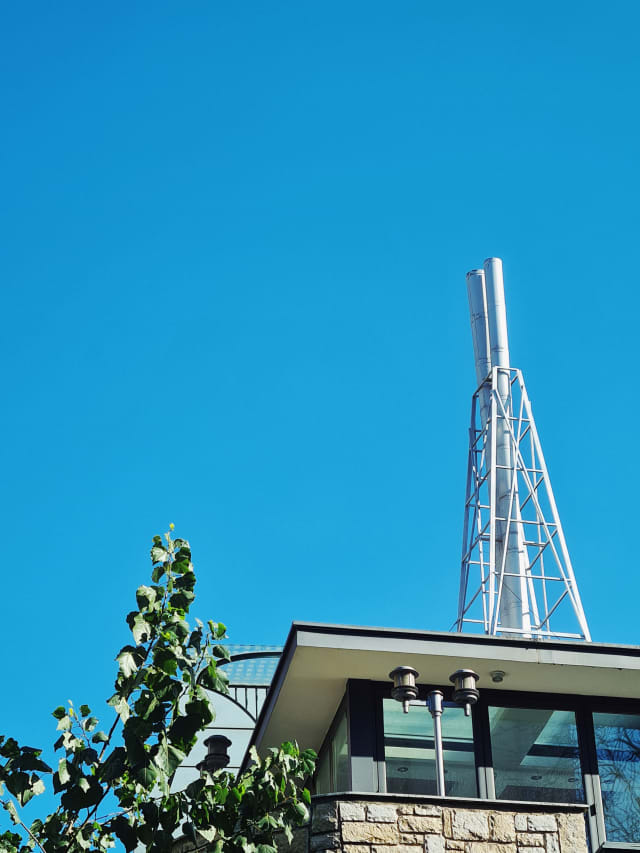 The top of a city building, with a tree and and a blue sky behind and to its side. A chimney or antenna stands on top.