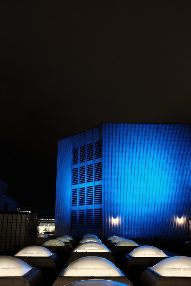 A blue, tiled building nearby. Skylights, that look like pods, line the way to it.