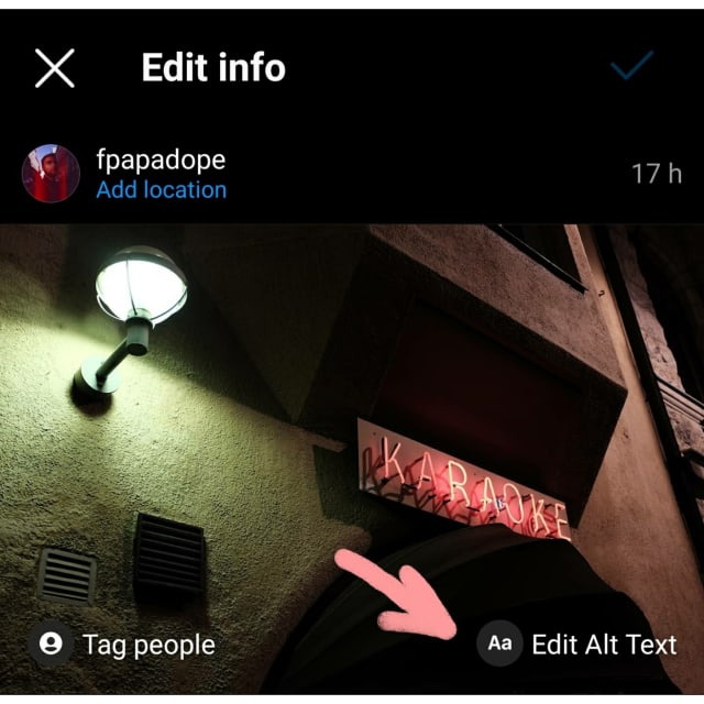 From the menu, select edit, and edit options will appear on and around the photo. Select Edit Alt Text.