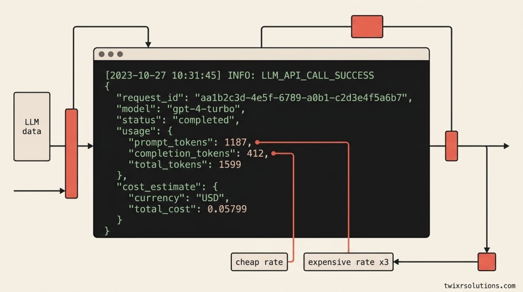 Terminal output showing a token-count log with callouts on input vs output token split per request