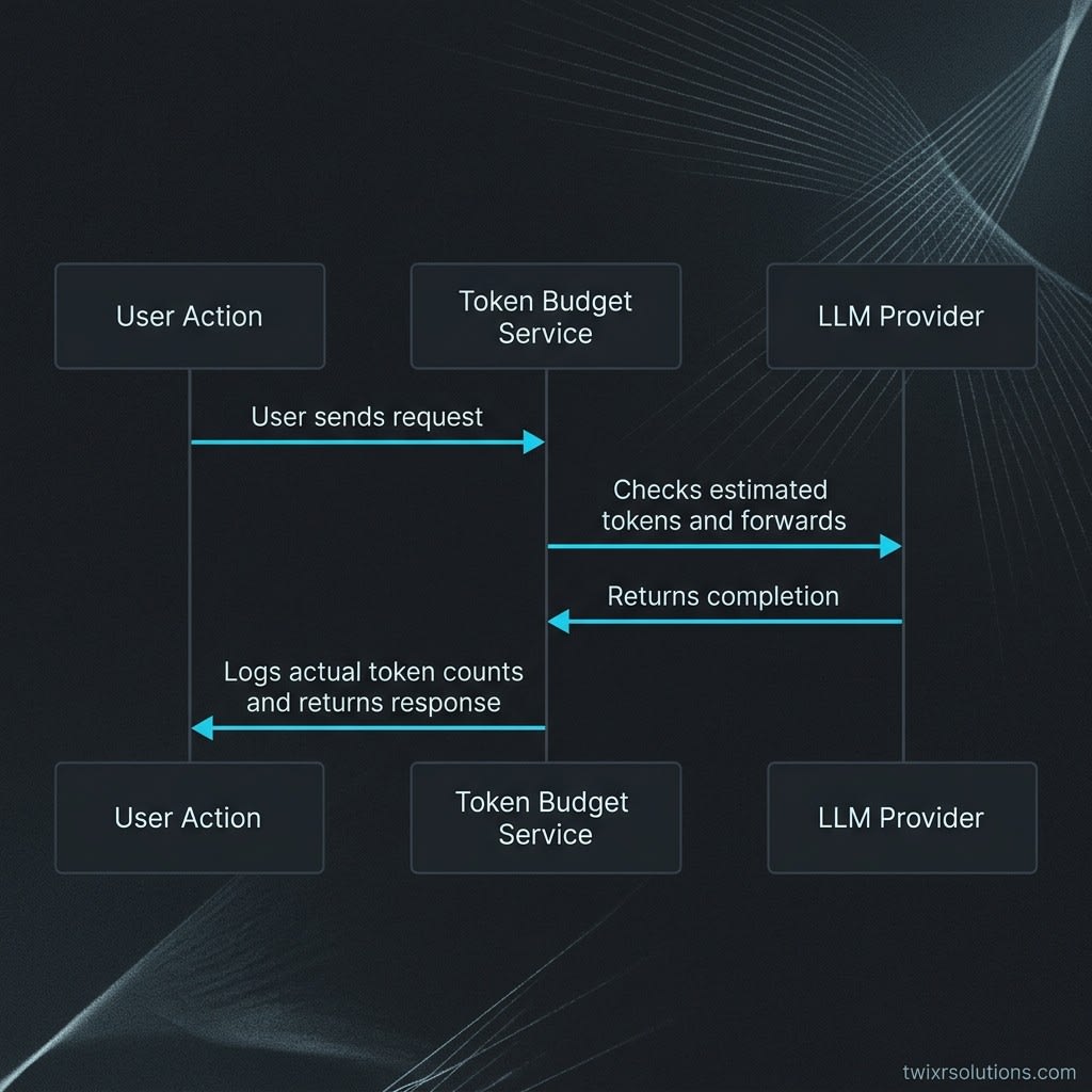 Sequence diagram: User action triggers API gateway, which calls token-budget checker, then LLM provider, then returns response with logged token counts