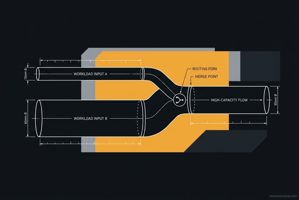 Abstract illustration: two parallel pipes of different widths feeding into a single output channel, representing model tier routing by task type
