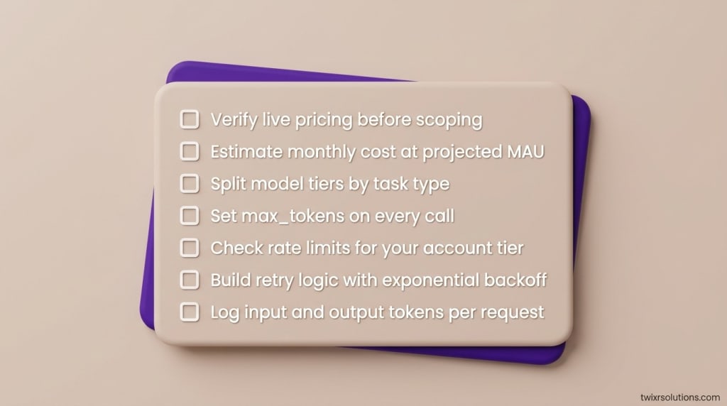 Checklist visual with items: Verify live pricing before scoping; Estimate monthly cost at projected MAU; Split model tiers by task type; Set max_tokens on every call; Check rate limits for your account tier; Build retry logic with exponential backoff; Log input and output tokens per request