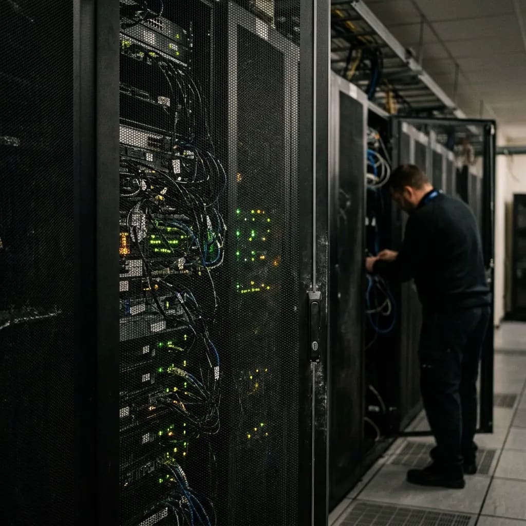 Server rack in a dim data centre corridor with blinking drive indicator lights visible through cabinet mesh