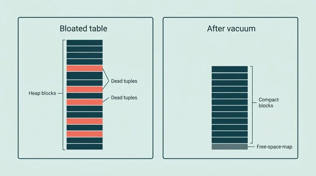 Two-panel comparison diagram: left panel labelled "Bloated table" showing a tall heap block stack with scattered dead tuples marked, right panel labelled "After vacuum" showing a compact heap with uniform live tuples and a clear free space map at the bottom