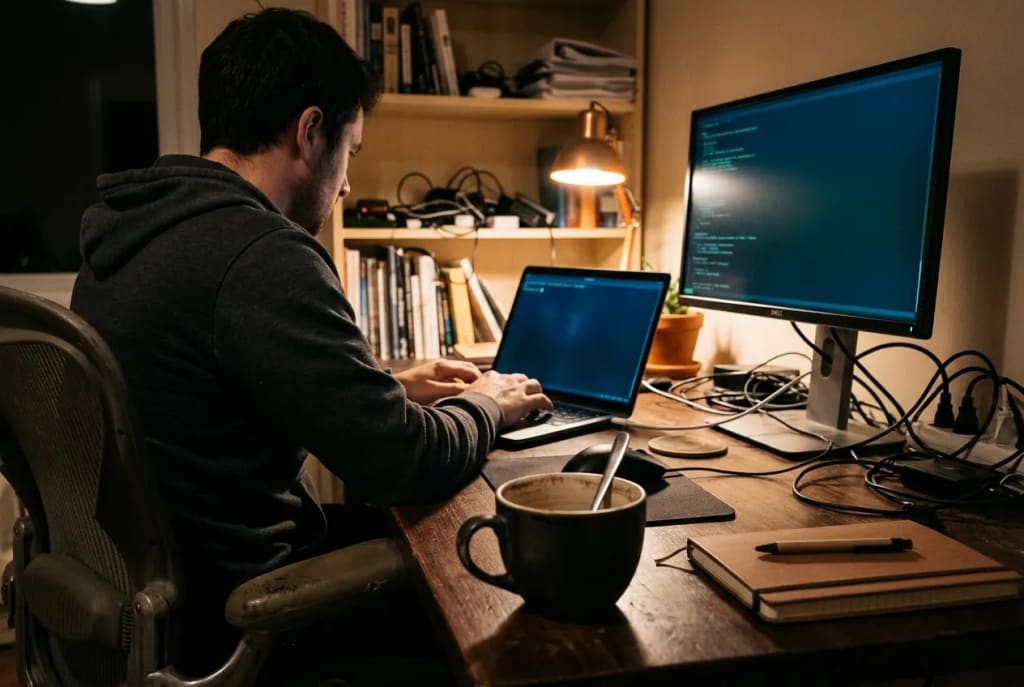 Developer at a home desk with a laptop and external monitor, dim ambient lighting, coffee cup to the side, screen content soft and unreadable