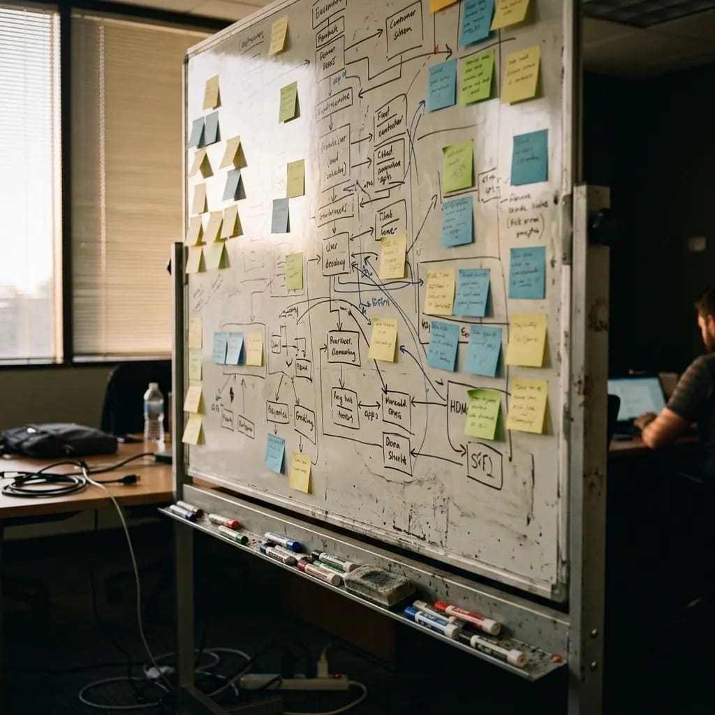Whiteboard covered in hand-drawn planning diagrams, sticky notes, and arrows, shot at a slight angle in a dim room