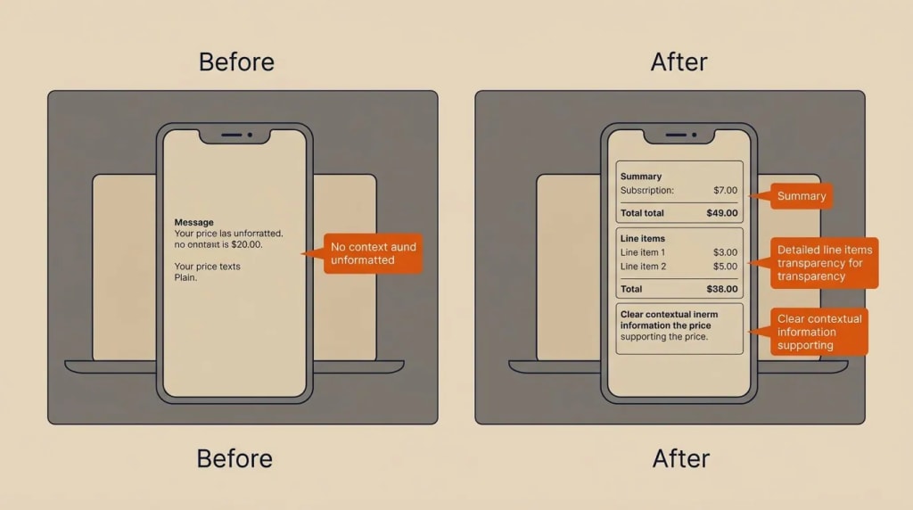 Two-panel before and after comparison showing a plain text rate-increase message on the left and a structured scope-and-rate message with context on the right