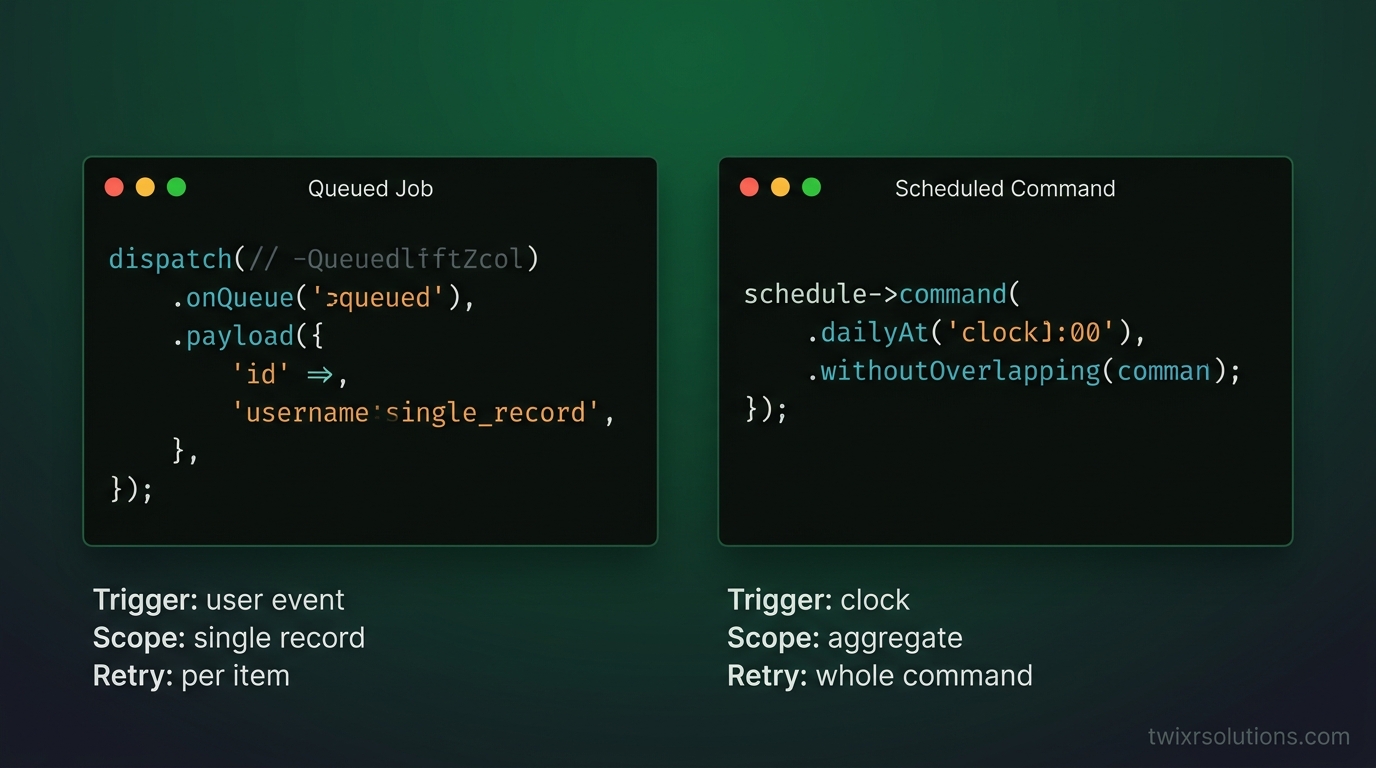 Side-by-side comparison card: left panel shows a queued job triggered by a user event with payload, retry count, and failed_jobs entry; right panel shows a scheduled command triggered by a clock with withoutOverlapping guard and aggregate output - dark code-card style, watermark twixrsolutions.com bottom right