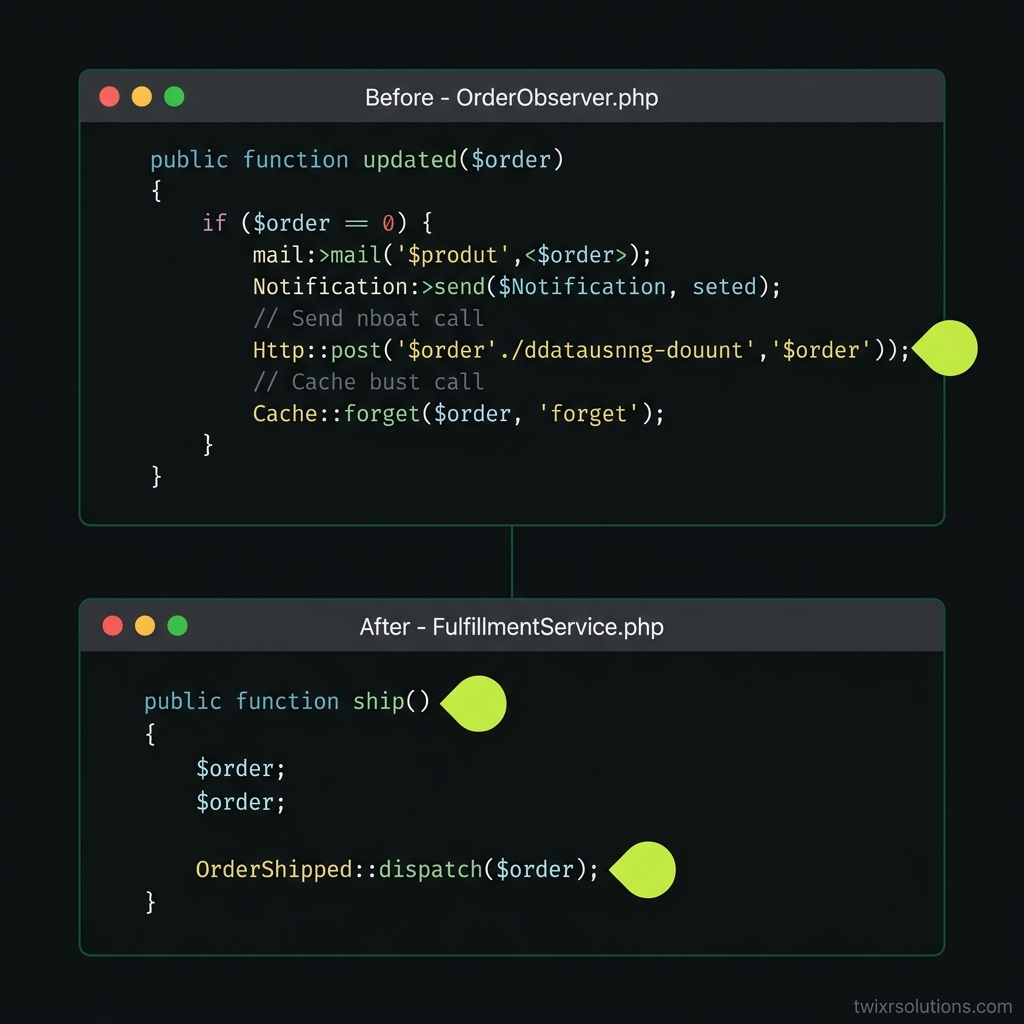 Before/after code card: bloated observer method refactored into a dispatched domain event with separate listeners