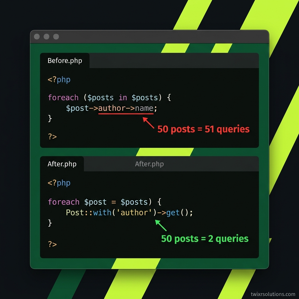 Before and after code card showing N+1 with Eloquent with() fix and its blind spots