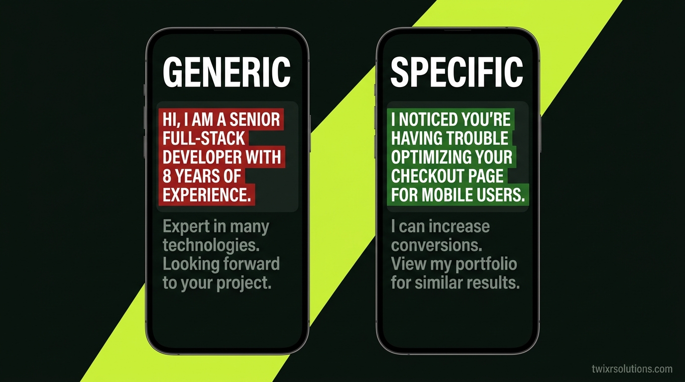 Side-by-side comparison of a generic proposal opening vs. a problem-first opening, shown as two mobile-screen mockups with highlighted preview text
