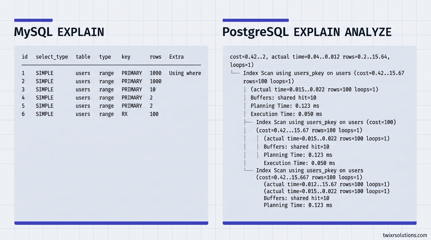 Side-by-side comparison of MySQL EXPLAIN and PostgreSQL EXPLAIN ANALYZE output for the same logical query