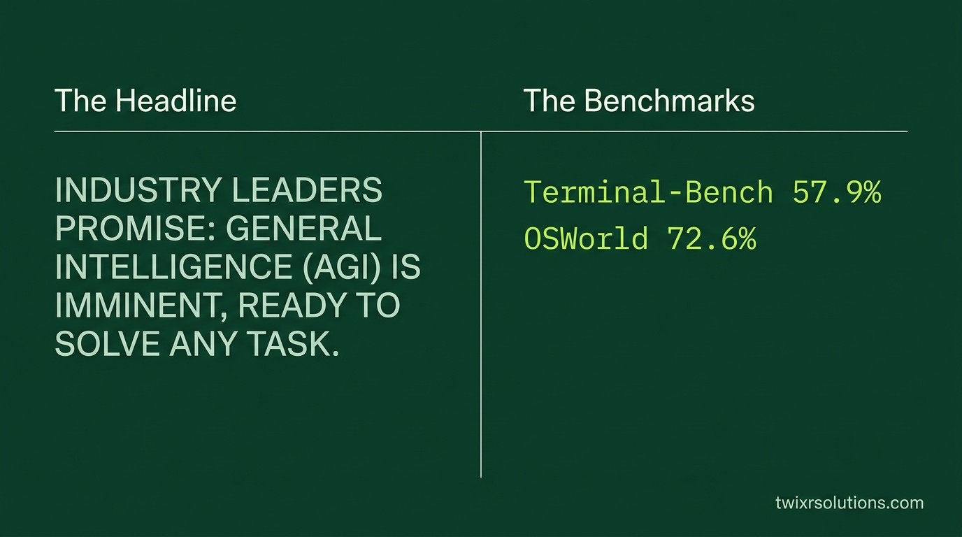 Side-by-side visual showing verified benchmark scores vs AGI marketing claims, styled as a myth vs reality card with twixrsolutions.com watermark