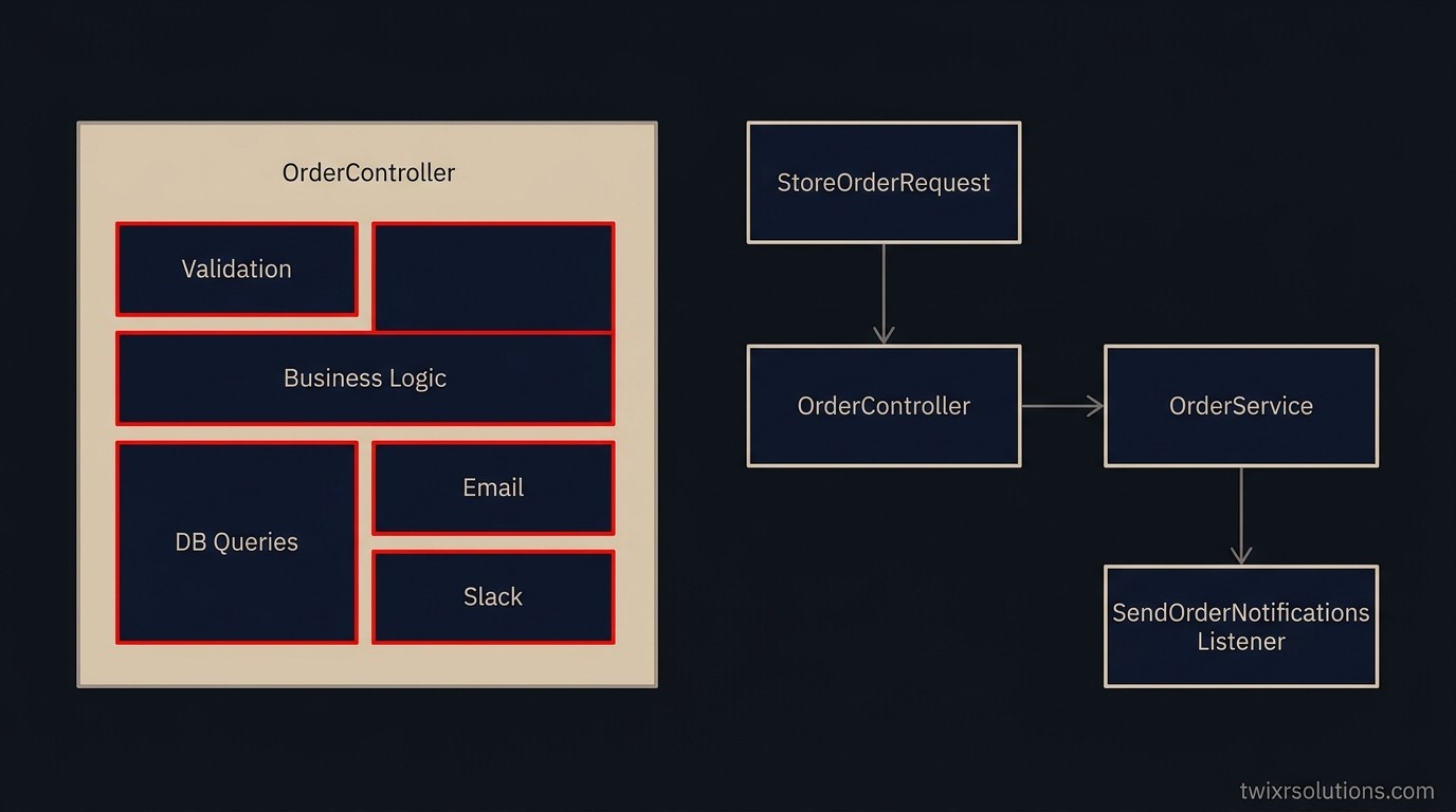Before/after diagram showing a monolithic controller split into form request, service class, and event listener layers