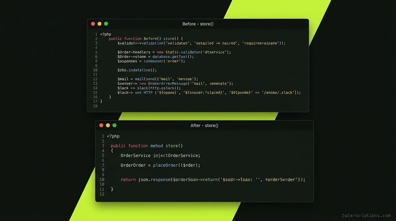 Code card showing the 80-line store() method before and the 12-line version after, dark background with syntax highlighting, watermarked twixrsolutions.com